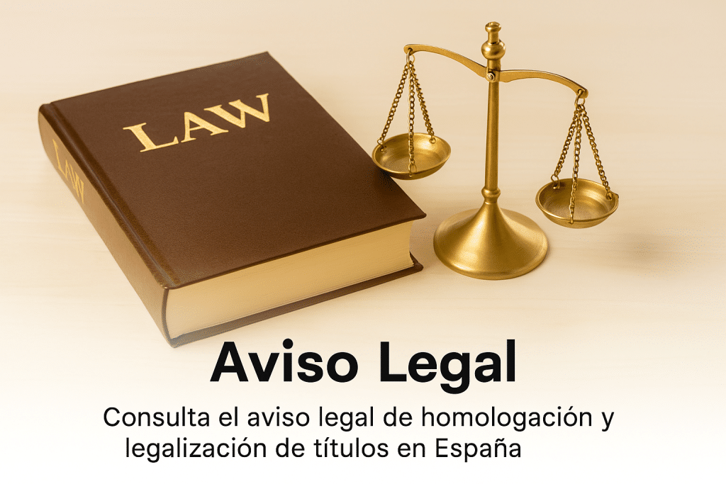Imagen institucional con libro de leyes y balanza que representa el aviso legal en homologación y legalización de títulos