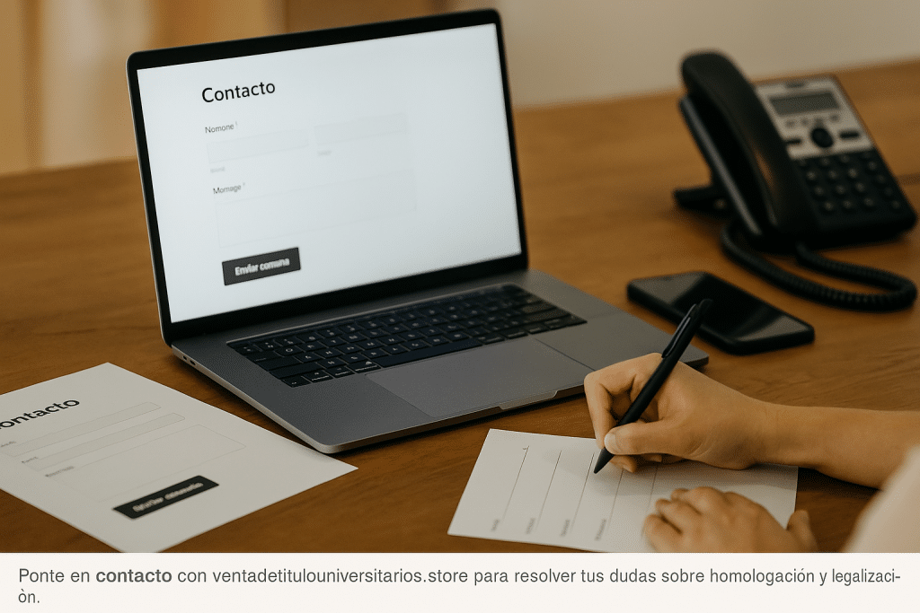 Formulario de contacto y WhatsApp directo para asesoría en homologación y legalización de títulos